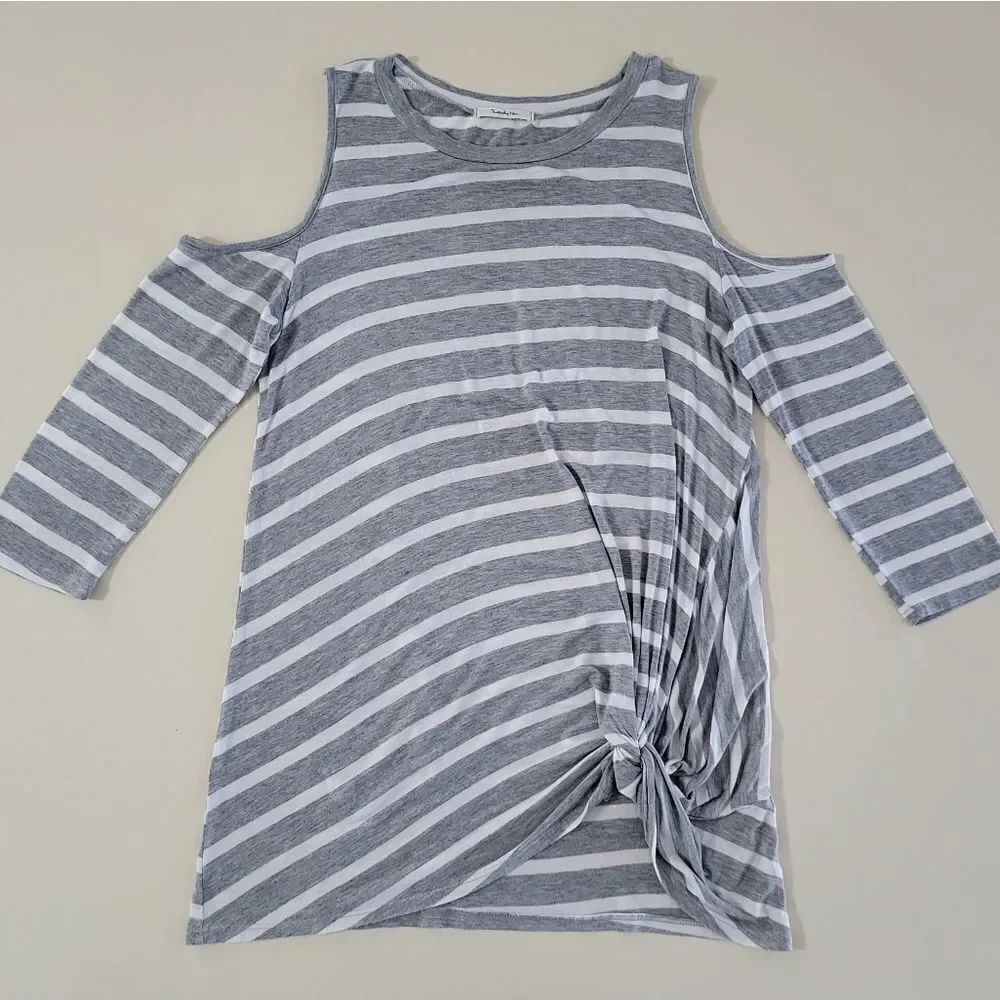 Twenty Ten Women's Gray Stripe Cold Shoulder Pullover Knotted Tunic Top